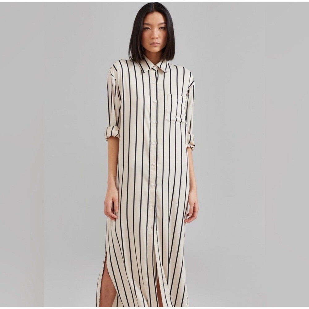 The Frankie Shop Cala Satin Shirt Dress in black and cream stripes
